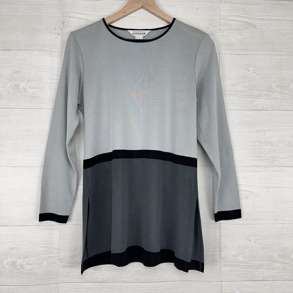 Exclusively Misook Knit Top Size Small‎ Gray Black Long Sleeves Stretch Career
